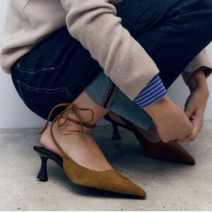 NWT Zara Lace Up Slingback Leather Heels